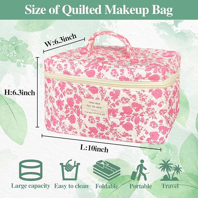 Pink Large Quilted Floral Makeup Bag Cute Soft Coquette Aesthetic Cosmetic Bag Cotton Travel Toiletry Bag for Women