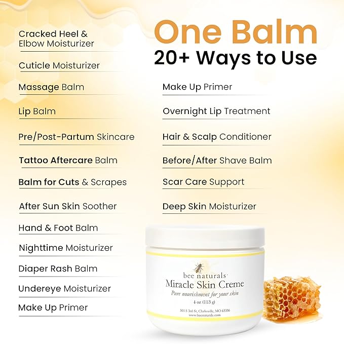 Bee Naturals Miracle Skin Creme - All-Natural Hydrating Cream for Full body - Pure Nourishment with Olive Oil, Beeswax & Coconut Oil - Loved globally for Versatility & Trusted by Generations (4 oz)