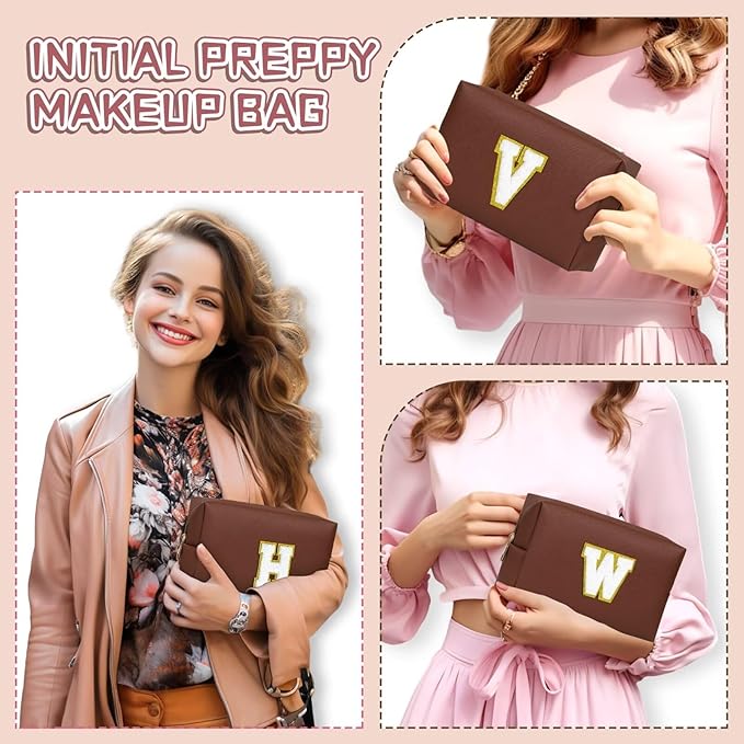 TOPEAST Travel Makeup Bag, Personalized Initial Toiletry Bag w Zipper, Cute Makeup Pouch, PU Leather Waterproof Cosmetic Bag, Birthday Gift for Daughter, Preppy Things for Girls (Brown G)