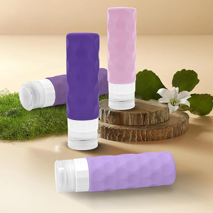Travel Bottles for Toiletries, 4pcs Tsa Approved 3oz Travel Size Containers, BPA Free Leak Proof Premium Silicone Bottles, Refillable Liquid Squeezable Accessories W/Toiletry Bag(Purple)
