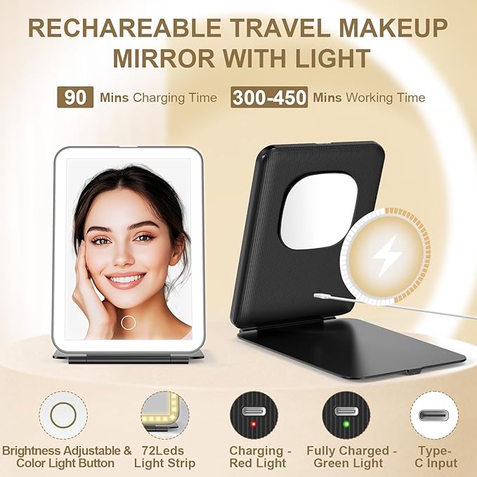 Mocado LED Foldable Travel Makeup Mirror - 5x7 inches 3 Colors Light Modes USB Rechargeable Touch Screen, Portable Tabletop Cosmetic Mirror for Travel, Cosmetic, Office (Black)