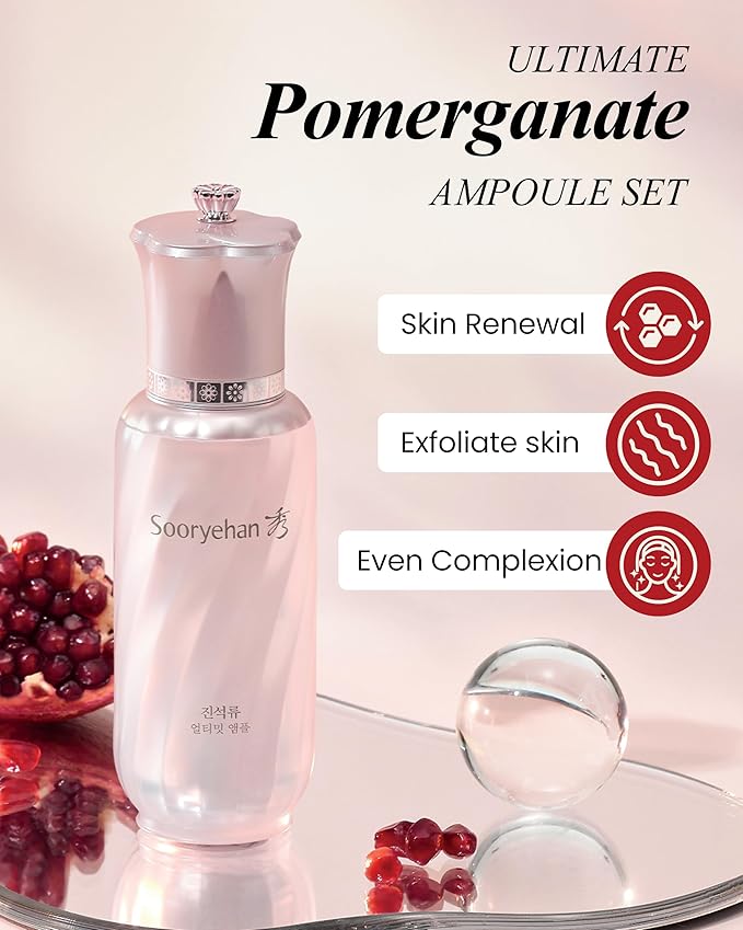 Sooryehan Ultimate Pomegranate Ampoule Set (55 ml/1.86 fl oz) - Skin Elasticity, Reduced Wrinkles & Skin Tone Improvement by LG Beauty. Collagen, Elastin, Vitamin C, Propolis,