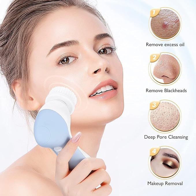 COSLUS Facial Cleansing Brush Silicone Face Scrubber: 2 in1 FBS-D Electric Exfoliating Massage Device Waterproof Deep Cleaning Exfoliation Rotating Spa Machine - Electronic Skin Care Wash Clean System
