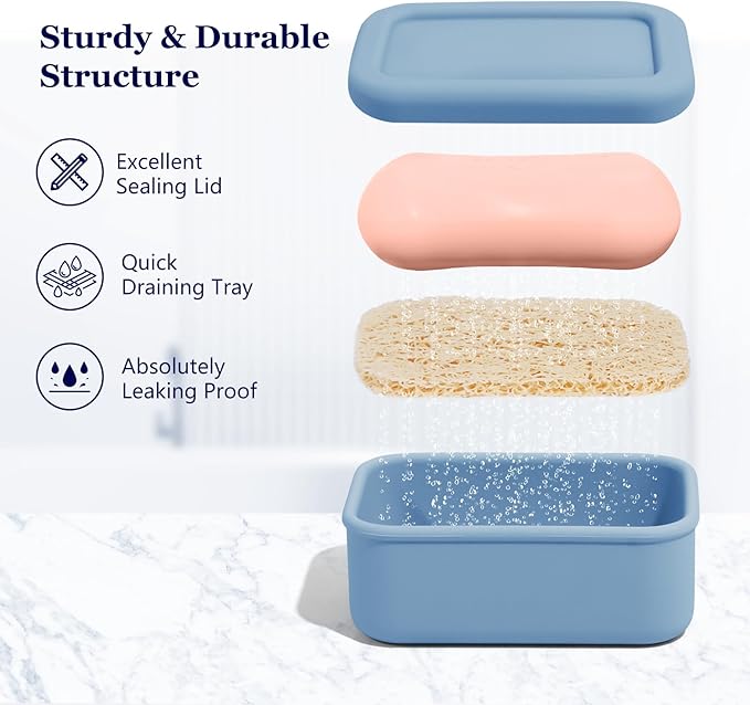 Leak Proof Silicone Travel Soap Case with Draining Layer, Travel Size Toiletry, Portable Soap Container for One Regular Bar Soap Perfectly, Shatter-Proof Soap Holder for Bathroom, Gym (Dark Blue)