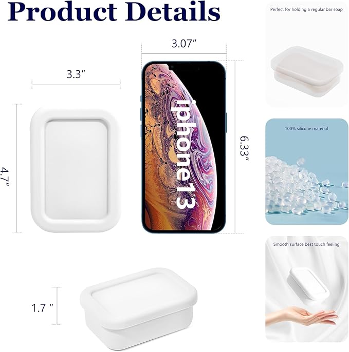 Leak Proof Silicone Travel Soap Case with Draining Layer, Travel Size Toiletry, Portable Soap Container for One Regular Bar Soap Perfectly, Shatter-Proof Soap Holder for Bathroom, Gym (White)