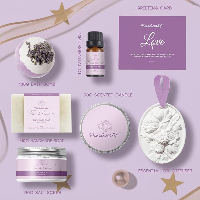 Lavender Spa Set for Women, Bath Set Self Care for Women, Nourishing 7 Piece Home Spa Set, Birthday Gift and a Gift For Mom