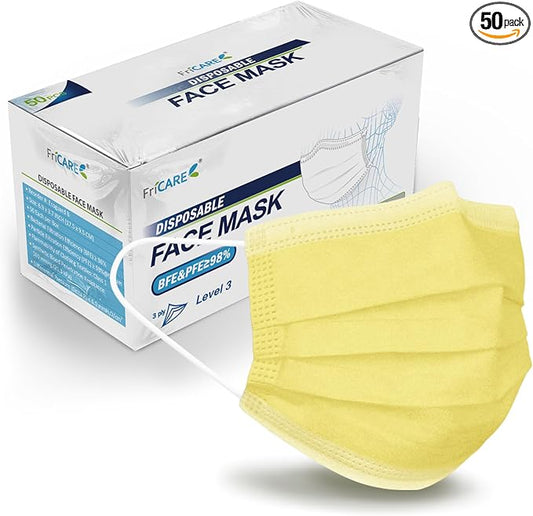 FriCARE Disposable Face Masks, 3-Ply ASTM Level 3 Medical Grade, FSA/HSA Eligible, Breathable & Comfortable for Allergy/Sun Protection, 50 Pack Yellow