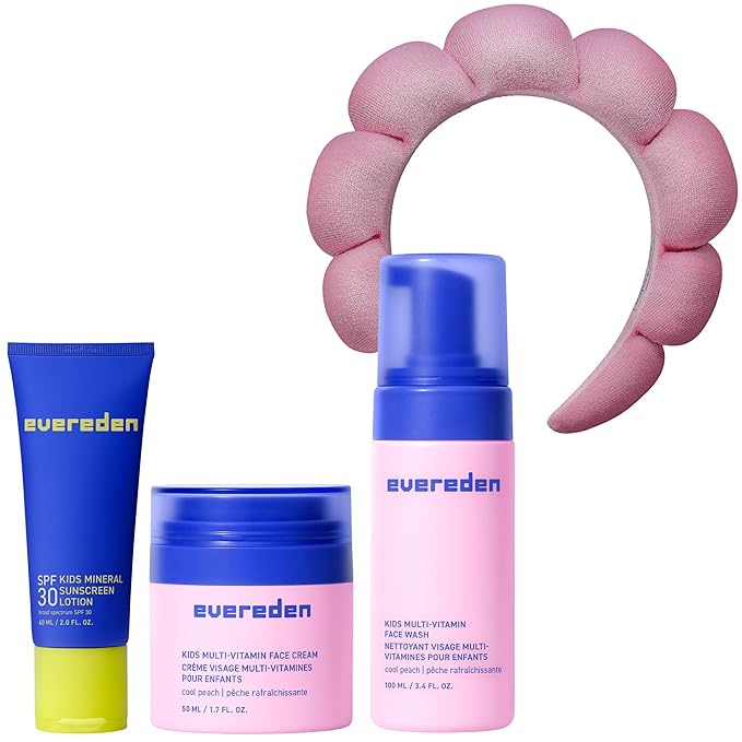 Evereden Kids Skincare Bundle: 1-2-3 Routine with Multi-Vitamin Peach Face Wash, Cream, SPF 30 & Spa Headband – Gentle, Nourishing Skincare & Fun Hair Management for Kids – Perfect for Daily Care