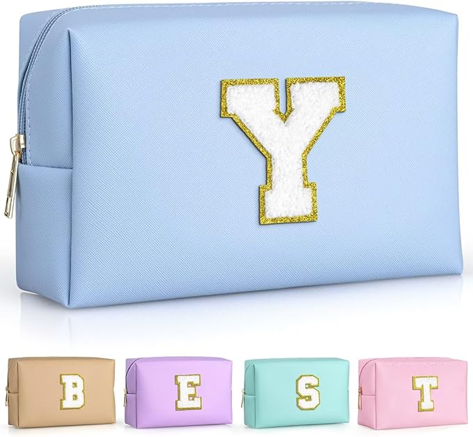 TOPEAST Preppy Makeup Bag, Small Cosmetic Travel Bags for Women, PU Leather Waterproof Toiletry Bag with Zipper, Personalized Birthday Gift for Women Girl, Preppy Gifts for Girl (Sky Blue Y)