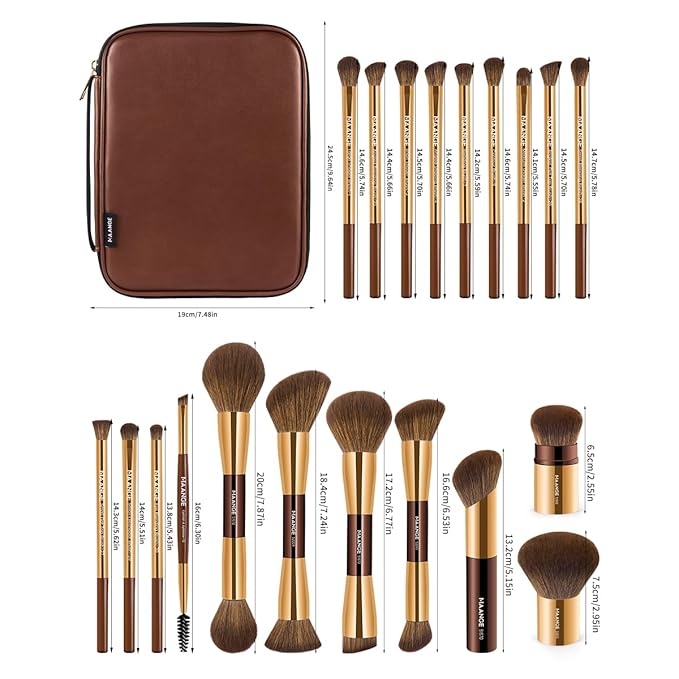 MAANGE 20 PCS Makeup Brush Set, Double-ended Kabuki Brush Foundation Contour Brush for Liquid Powder Concealer Eye Shadows Cream Cosmetics Blending Blush Face Makeup Tools with Case (Coffee Gold)