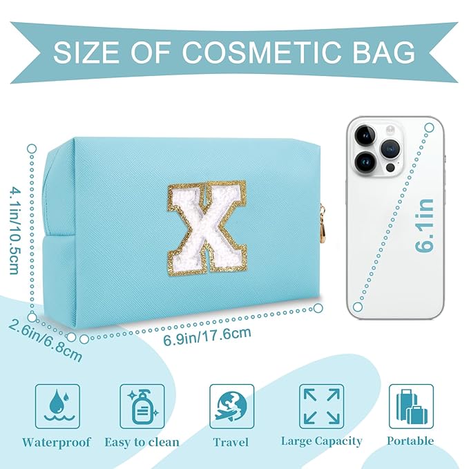 Small Personalized Initial A-Z Preppy Patch Makeup Bag,PU Chenille Letter Travel Cosmetic Pouch with Zipper,Blue Cute Toiletry Bag,Gift Ideal for Teen Girls Women Teacher Bridesmaid,Letter X