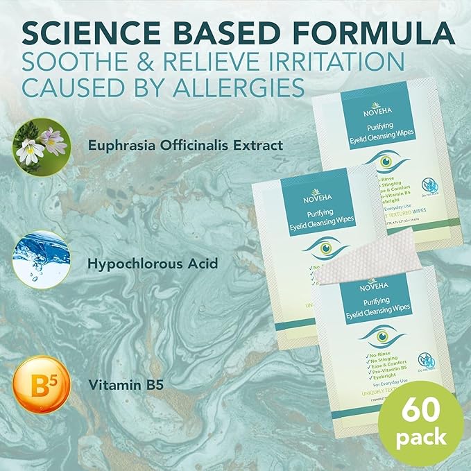 NOVEHA 120PCs Eyelid & Lash Wipes | For Itchy, Dry Eyes, Styes & Blepharitis | Gentle Refreshing Eye Scrub Cleansing Wipes, Hypoallergenic & Soothing For Sensitive Eyes | Vegan Face Moisturizer