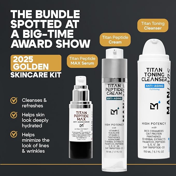 Titan 3-Piece Anti-Aging Mens Skin Care Kit – Wash, Face Serum, Mens Face Moisturizer – Men, Skin Care Set – Dark Spots, Wrinkles, Fine Lines – Vitamin C, Peptides, Niacinamide, HA –Unscented