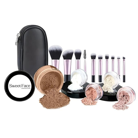 16pc Beginner Mineral Makeup STARTER KIT with 10 BRUSH SET (5gm)Sample Size Foundation, Primer, Blush, Bronzer, Setting Powder for Learning, Occasional Use & First Time Users, Travel Size Kit (Cocoa)