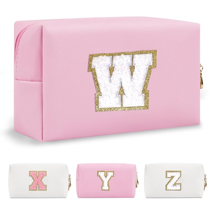 Personalized Initial A-Z Preppy Patch Makeup Bag,Small PU Chenille Letter Cosmetic Bag with Zipper for Teen Girls,Pink Cute Toiletry Organizer Bag,Monogram Makeup Case Gift for Women Girls,Letter W