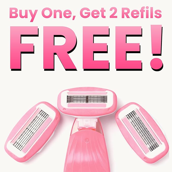 Women Razors moisturizing bar for Sensitive Skin, Travel Razors Shaving Kit Essential - 5-Blade for Sensitive Skin - Bikini, Legs, Underarms - 1 Handle & 3 Refill Cartridges - Pink