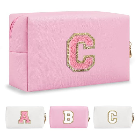 Personalized Initial A-Z Preppy Patch Makeup Bag,Small PU Leather Chenille Letter Cosmetic Bag with Zipper for Teen Girls,Pink Cute Travel Toiletry Bag,Birthday Monogrammed Gift for Daughter,Letter C