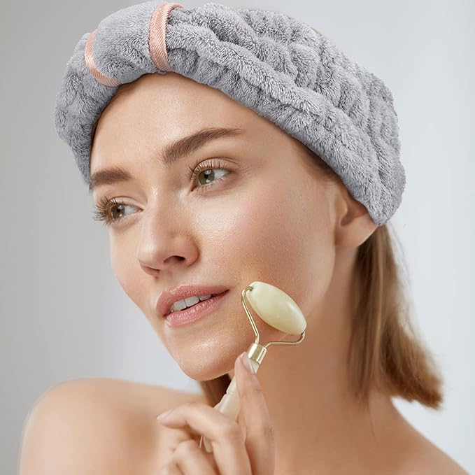 WILLBOND 4 Pack Microfiber Headbands Spa Facial Headbands Makeup Head bands Elastic Terry Cloth Head Wrap for Women Girls Washing Face Makeup Shower Yoga Sports(Gray)