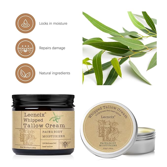 2PC Grass-Fed Beef Tallow for Skin,Tallow Face Moisturizer All-Natural Skin Care,Beef Tallow for Body & Face Moisturizer(Eucalyptus,2.12+1.06Oz)