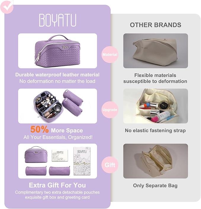 BOYATU Travel Makeup Bag Cosmetic Bags for Women: Large Capacity 3 Pcs Set Make up Bag with Compartments - Waterproof Vegan Leather Toiletry Organizer Bags with Handle - Travel Essentials(L01 Purple)