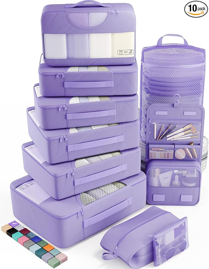 Veken 10 Set Packing Cubes for Travel Essential, Suitcase Organizer Bags in 4 Sizes, Carry-On Luggage Accessories with Large Laundry & Hanging Toiletry Bag, Must-Have for Airplane, Road Trip & Camping