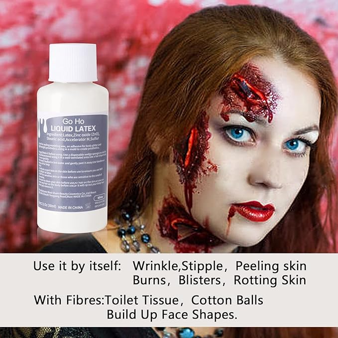 Go Ho Liquid Latex SFX Makeup(1 oz),Halloween Monster Zombie Makeup,Quick Drying Multi-Purpose Liquid White Face Paint for Scar Cut Wound Peeling Skin Wrinkles Stipples Burns Blisters,Clear White