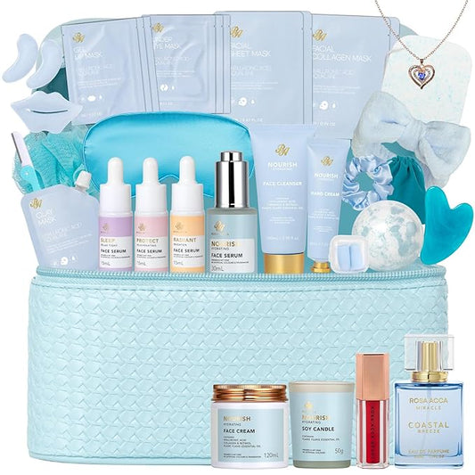 33 Pcs Bath & Body Spa Gift Set for Women, Face Sheet Mask Skin Care Kit, Essential Oil Collagen Mask, Travel Leather Bag, Lip Gloss, Perfume, Face Serum, Christmas, Mother Day, Valentine's, Birthday