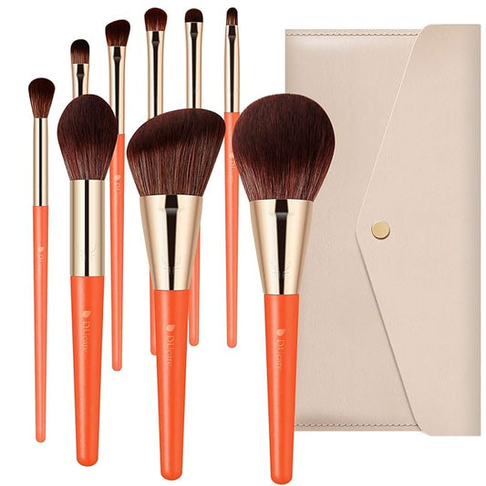 DUcare Makeup Brushes 9Pcs Vegan Makeup Brush Set with Travel Pouch - Face & Eye Brush Kit for Powder Contour Blush Concealer Eyeshadow Blending & Detailing, Synthetic Bristles,Orange