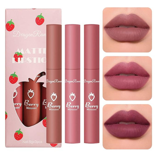 Sulily 3Pcs Dark Red Matte Lipstick Set,Red Matte Lipstick Long Lasting for Women,Velvet Air Moisture Smooth Crayon Lip Stain,24 Hours Wear Non-Stick Cup Not Fade Waterproof Lip Gloss Makeup