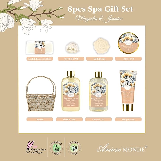Home Spa Gift Basket, Bath Spa Kit for Women, with Body Lotion, Shower Gel, Bubble Bath, Body Scrub, Bath Salt, Bath Bomb, Bath Gift Set for Mother, Wife Her, with Magnolia and Jasmine Scent