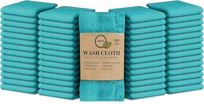 Softolle 100% Cotton Washcloths 60 Pack (12x12 Inches) Soft, Highly Absorbent Washcloth, Face Towels, Wash Cloths for Face, Ring Spun, Bulk Pack (Turquoise)