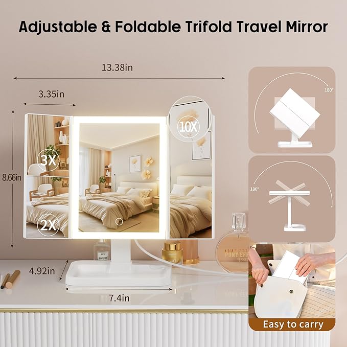 Makeup Vanity Mirror with Lights, Rechargeable Lighted Makeup Mirror with 2X 3X 10X Magnification, Led Makeup Mirror with 3 Colors Lights, Portable Mirror for Travel Desk, Gifts for Women Girls