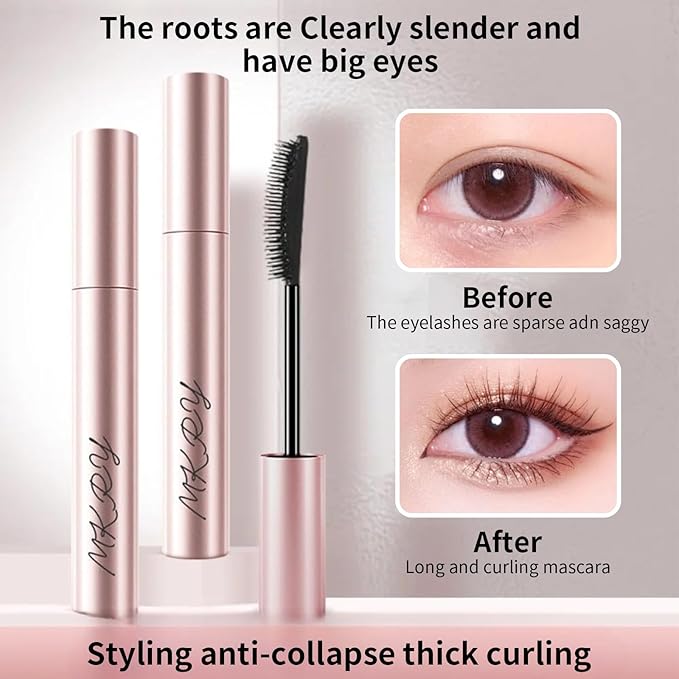 Mascara Women Waterproof Sweatproof Smudge-Free Slim Curl Long Lasting Hold Base Layering Thick Extend Lashes (Black)
