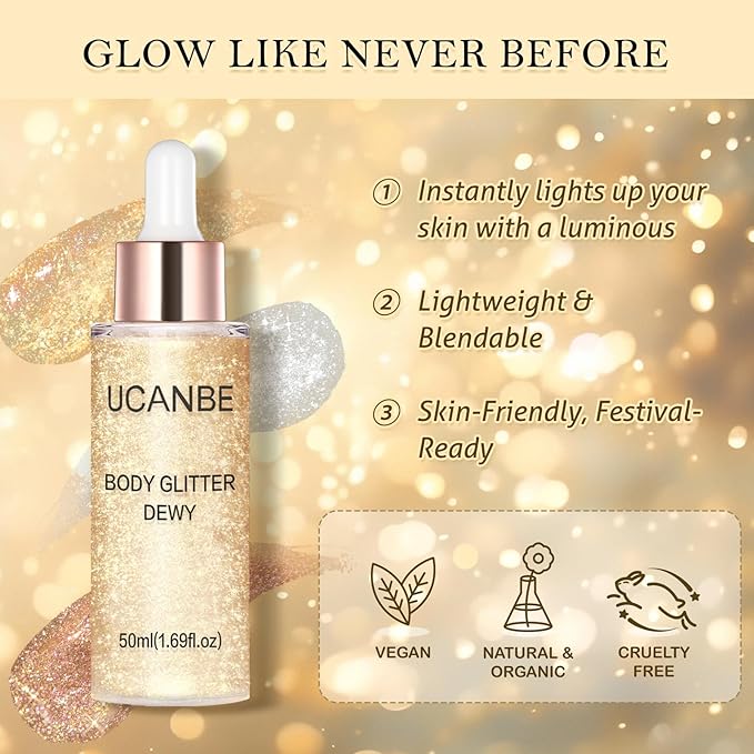 Liquid Glitter Highlighter Glow Drops – Face Highlighter & Body Shimmer Makeup, Illuminating Radiant Glow for Festival Rave Party, Long Lasting 01 Champagne Gold