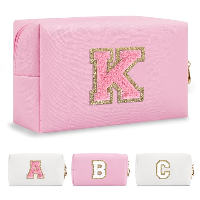 Personalized Initial A-Z Preppy Patch Makeup Bag,Small PU Leather Chenille Letter Cosmetic Bag with Zipper for Teen Girls,Pink Cute Travel Toiletry Bag,Birthday Monogrammed Gift for Daughter,Letter K