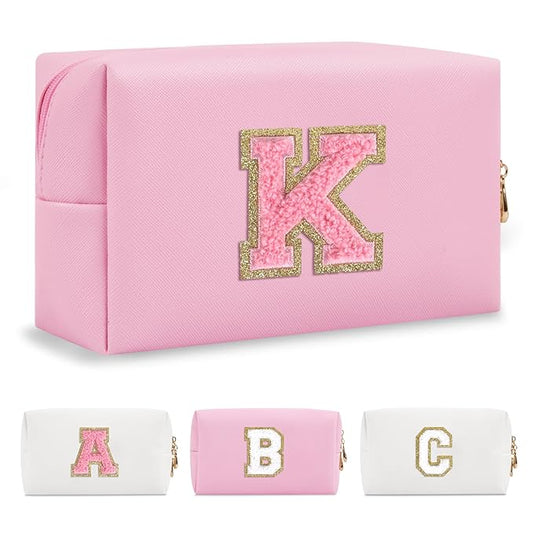 Personalized Initial A-Z Preppy Patch Makeup Bag,Small PU Leather Chenille Letter Cosmetic Bag with Zipper for Teen Girls,Pink Cute Travel Toiletry Bag,Birthday Monogrammed Gift for Daughter,Letter K