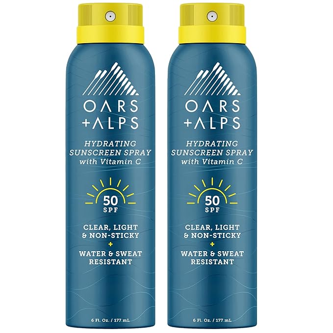 Oars + Alps Hydrating SPF 50 Sunscreen Spray, Naturally Derived Skin Care Infused with Vitamin C and Antioxidants, Water and Sweat Resistant, 6 Oz Each, 2 Pack