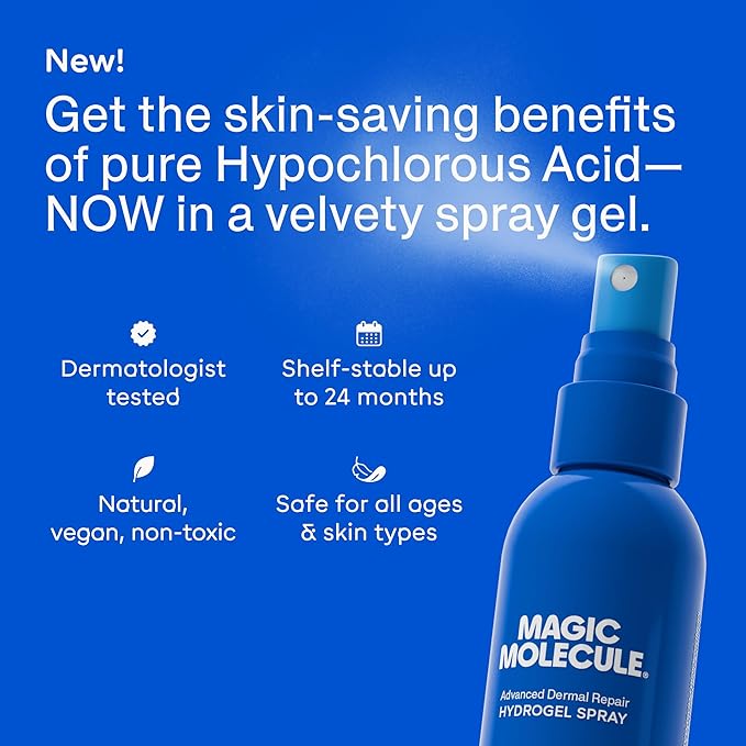 Magic Molecule Dermal Repair Hydrogel Spray with Pure Hypochlorous Acid, Intensive Skin-Smoothing Formula for All Skin Types (3.4 oz) (pack of 2)