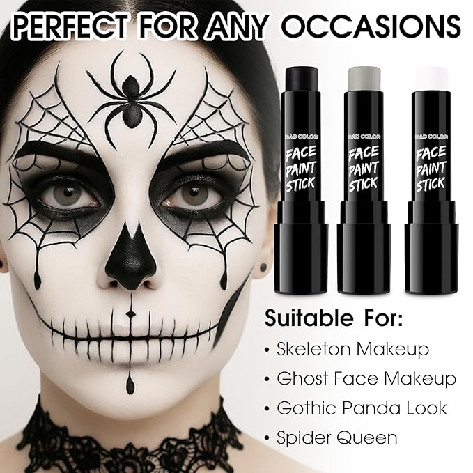 BADCOLOR 3PCS Black White Grey Face Body Paint Stick Makeup for Skull Skeleton Goth Mime SFX Cosplay & Dress Up, Full-Coverage Halloween Facepaint Makeup Kit