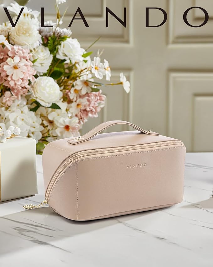 Vlando Makeup Bag,Gifts for Teachers,Large Capacity Toiletry Bag for Women Waterproof Portable Make up Pouch PU Leather Open Flat Cosmetic Bag(Toffee)