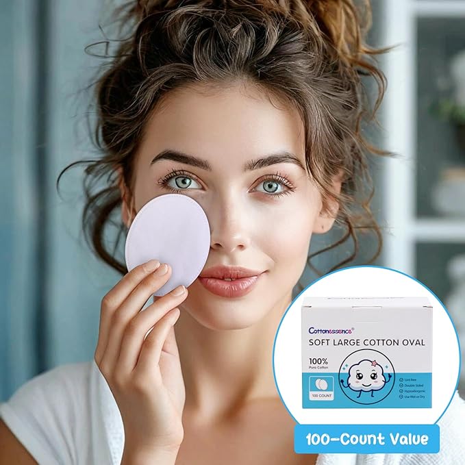 Oval Cotton Pads (100-Count)- 100% Pure Cotton, Gentle Enough for Babies, Soft Texture, Large Size, Lint-Free, Double Sided, Hypoallergenic, Use Wet or Dry