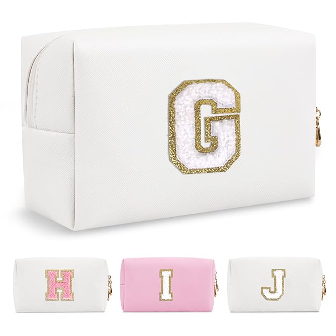 Small Personalized Initial A-Z Preppy Patch Makeup Bag,White PU Chenille Letter Travel Cosmetic Pouch with Zipper,Cute Toiletry Bag,Gift Ideal for Teen Girls Women Teacher Bridesmaid,Letter G