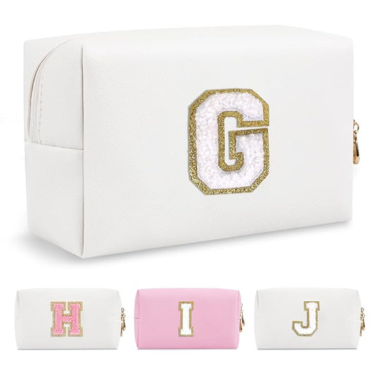 Small Personalized Initial A-Z Preppy Patch Makeup Bag,White PU Chenille Letter Travel Cosmetic Pouch with Zipper,Cute Toiletry Bag,Gift Ideal for Teen Girls Women Teacher Bridesmaid,Letter G