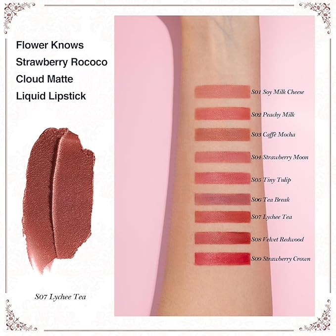 Flower Knows Strawberry Rococo Cloud Lip Cream,Velvety Matte Liquid Lipstick,Red Lipstick,Long Lasting Lip Stain,Kiss-proof Blurred Lipstick for Girls&Women,0.12 Fl Oz(S07 Lychee Tea)