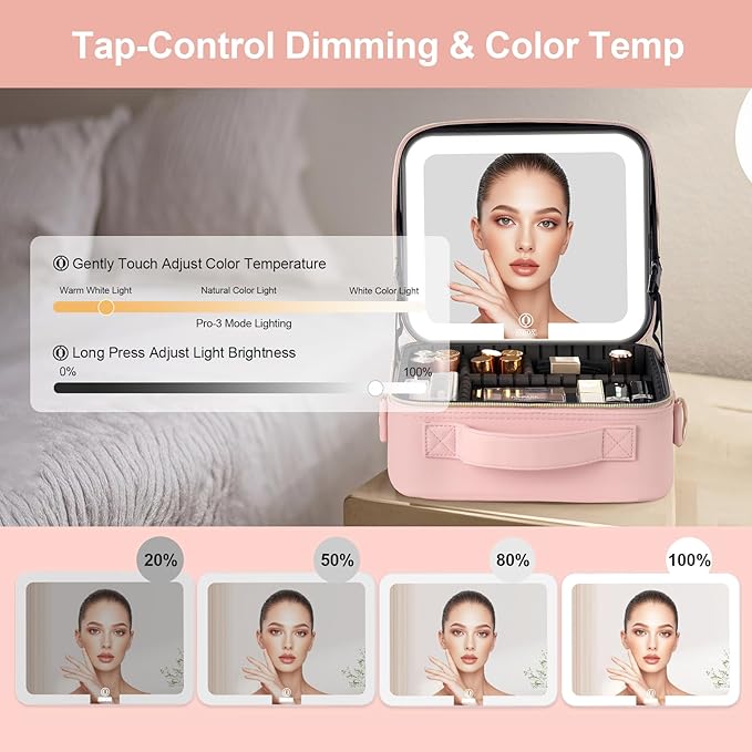 BEAUTY CASE Makeup Case with LED Light Mirror, 10 Inch Portable Travel Cosmetic Organizer Bag with Adjustable Dividers, Rechargeable, Large Capacity, Bright Lighting, Gift for Women Girls, Pink