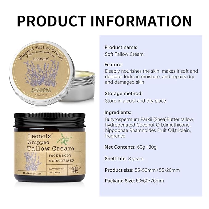 2PC Grass-Fed Beef Tallow for Skin,Tallow Face Moisturizer All-Natural Skin Care,Beef Tallow for Body & Face Moisturizer(Lavender,2.12+1.06Oz)