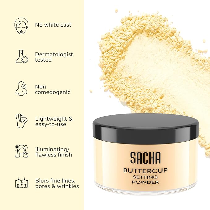 Sacha BUTTERCUP Light Setting Powder. No Ashy Flashback. Blurs Fine Lines and Pores. Loose, Translucent Face Powder to Set Makeup Foundation or Concealer. For Light to Medium Skin Tones, 1.75 oz.