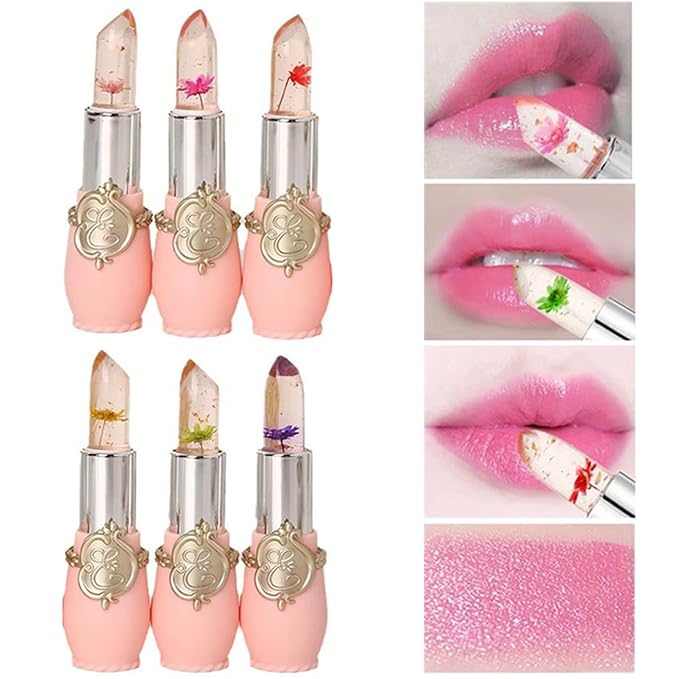 BONNIE CHOICE 6 Pcs Crystal Flower Jelly Lipstick Set, Temperature Change Moisturizer Long Lasting Flower Lip Stick Nutritious Lip Balm Magic Color Change Lip Gloss Makeup