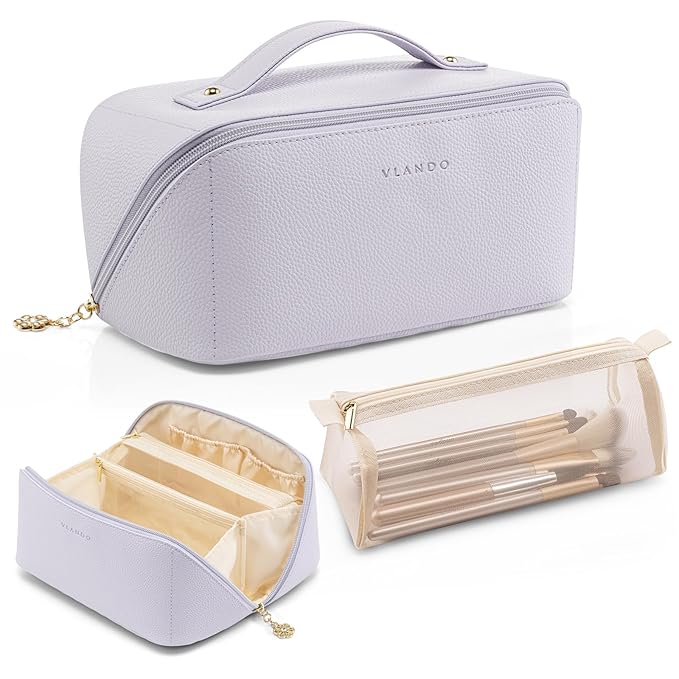 Vlando Makeup Bag,Large Capacity Toiletry Bag for Women Waterproof Portable Make up Pouch PU Leather Open Flat Cosmetic Bag(Purple)