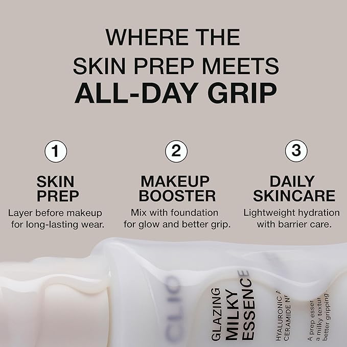 CLIO Glazing Milky Essence for Sensitive Skin, Rice PDRN for Boosting Radiant Glass Skin, Lightweight Hydrating Skin Prep for Makeup, Repairing Skin Barrier with Ceramide, Korean Skincare, 4.05 Fl Oz